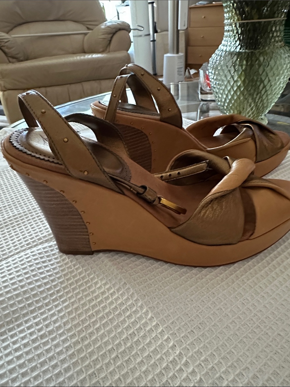 Women's Tan and Brown Leather Wedge Sandals - Classic Slingback